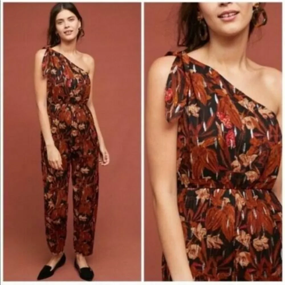 Anthropologie Sz 2 Maeve Kyoto Metallic Floral Jumpsuit Brown One Shoulder Crepe - Picture 1 of 12